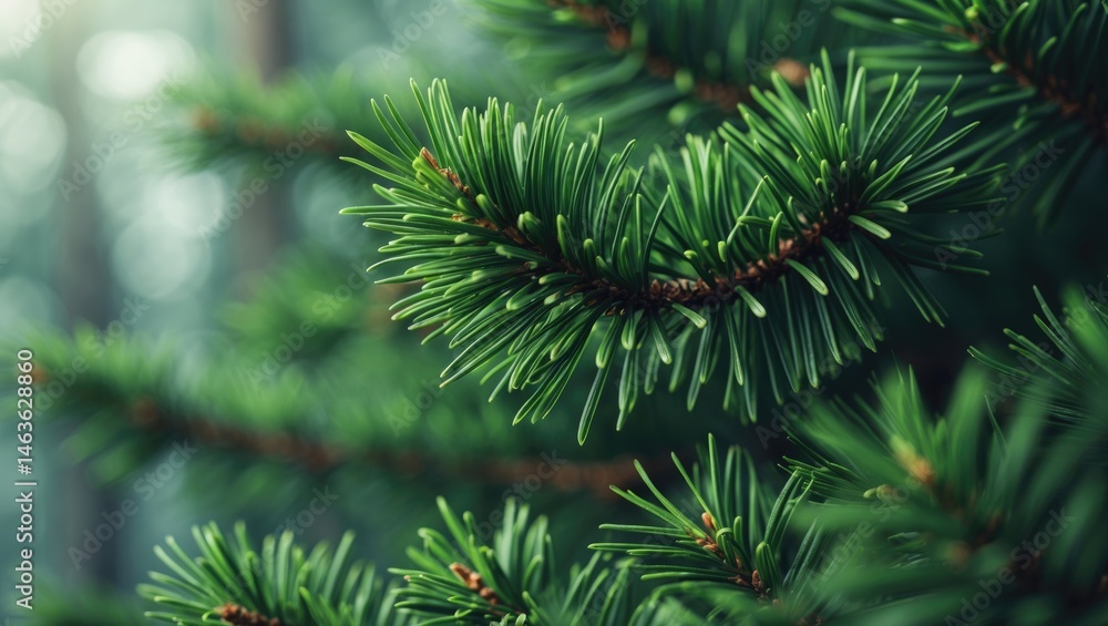 Poster shallow focus on a close-up of a fluffy fir tree branch