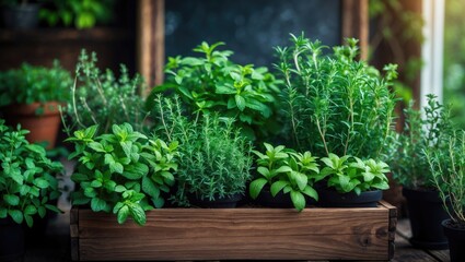 Home balcony garden featuring mixed green herbs and aromatic spices in pots