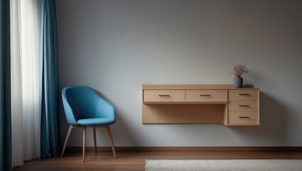 Fototapeta premium Contemporary bedroom decor with a wall-mounted wooden dressing table with drawers