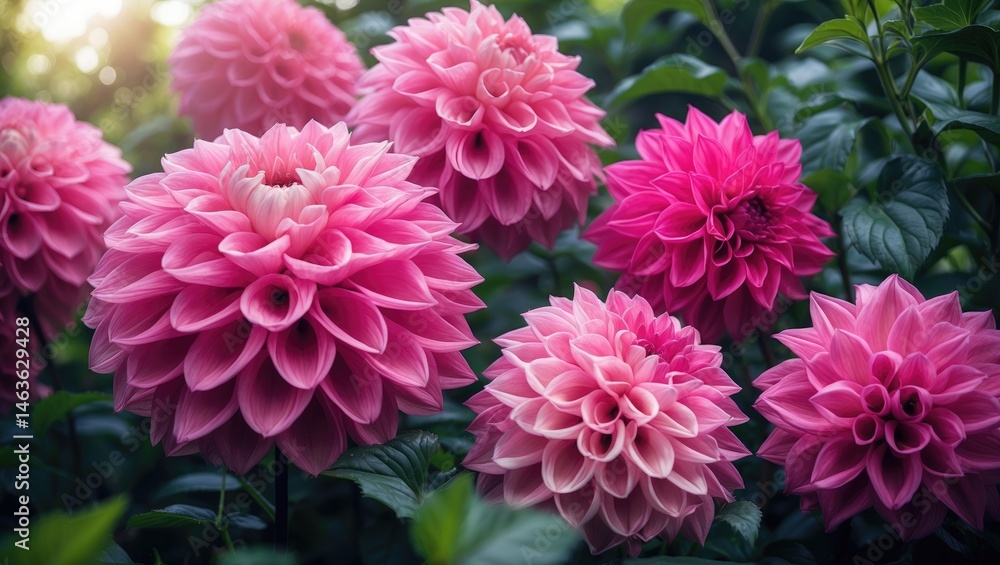 Poster detailed view of pink, soft-textured flowers with multiple petal layers in bloom