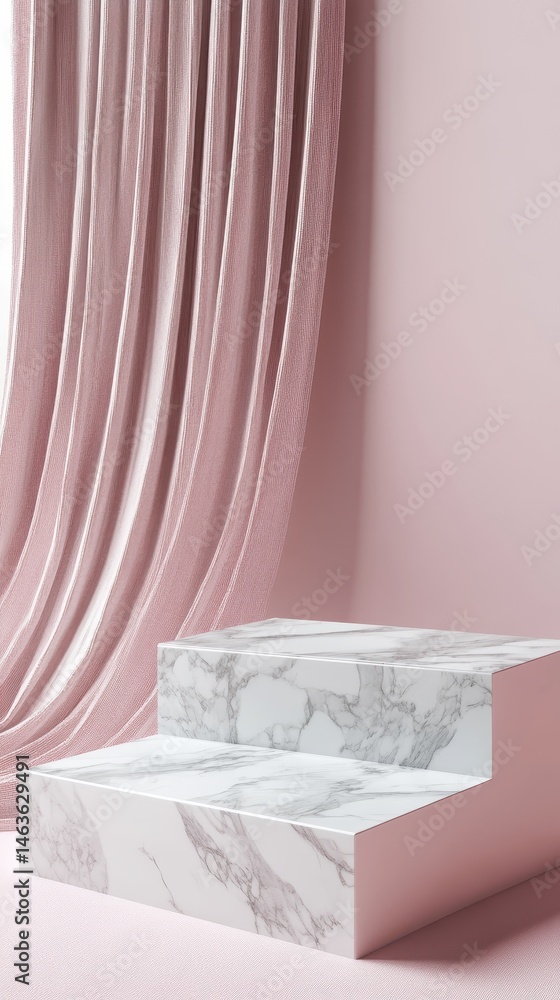 Poster elegant marble podium display against soft pink backdrop with flowing fabric for product showcase in