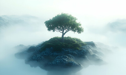 Solitary Tree on Foggy Island