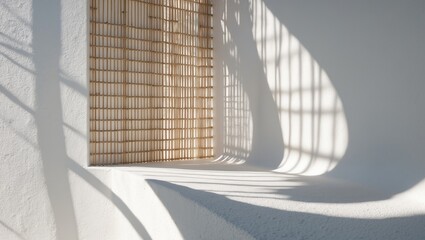 Empty white wall featuring bamboo shadows, perfect for adding text