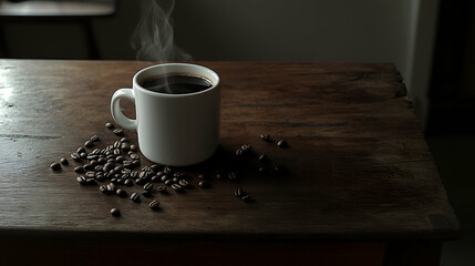 Steaming Cup of Coffee on Dark Wooden Table