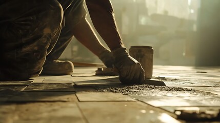 Tile Installer Applying Grout in a Dusty Workshop