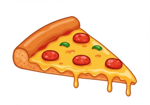 Cartoon pizza slice with pepperoni and melted cheese isolated on white