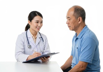 Fototapeta premium Asian doctor consulting with a senior male patient in a clinic setting