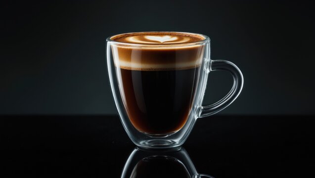 Coffee doppio or lungo in a transparent mug set against a dark background