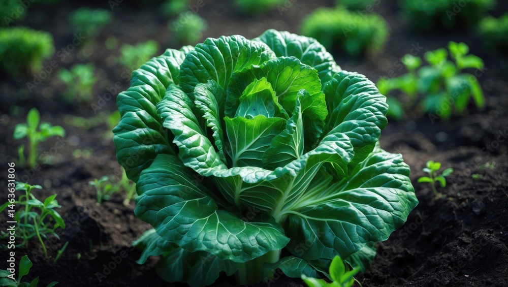 Poster detailed view of a healthy cabbage crop in a natural garden setting with soil and greenery