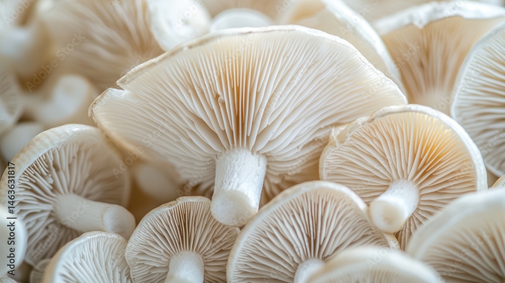 Poster a delicate array of white-banded mushrooms, each with different cap shapes and sizes.