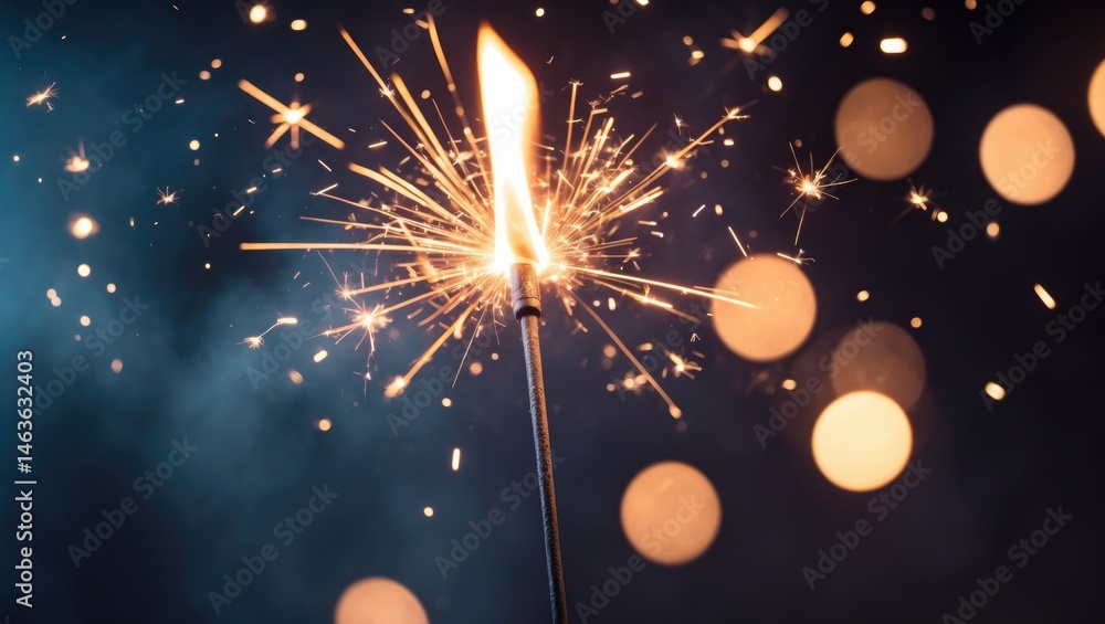 Poster macro shot of a glowing sparkler igniting sparks on a dark background with blurred lights and space 