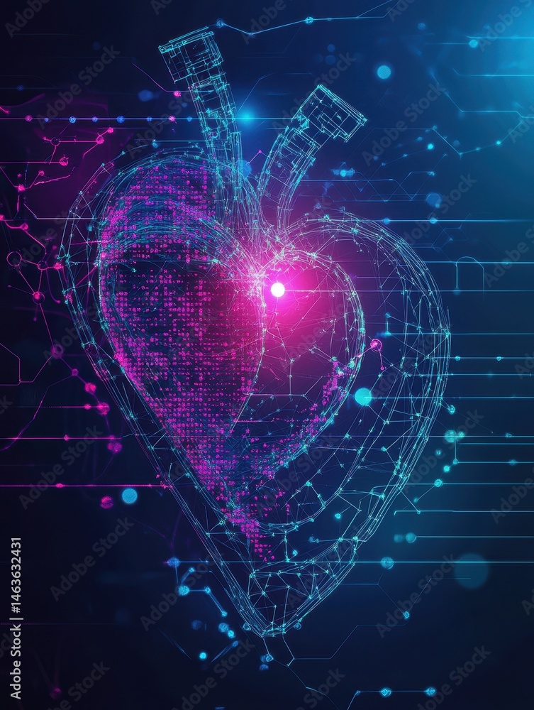 Poster digital heart illustration with glowing lines and pink data points on dark blue background abstract 