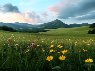 Fototapeta premium Pastoral landscape with rolling hills and vibrant wildflower meadows