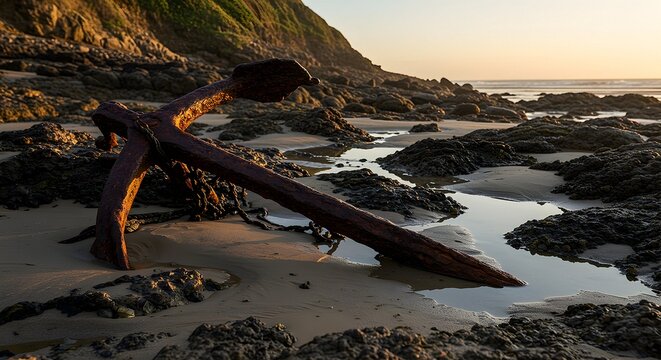 Anchor Resting on Sandy Beach at Sunset Near Water