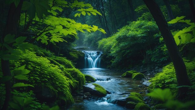 A calm stream weaves through the wooded area, with its gentle current forming a tranquil waterfall oasis within the lush green landscape.