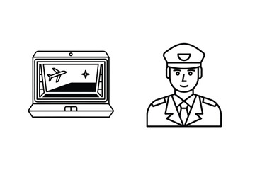 Line art illustration depicting a flight attendant alongside a laptop displaying an aircraft