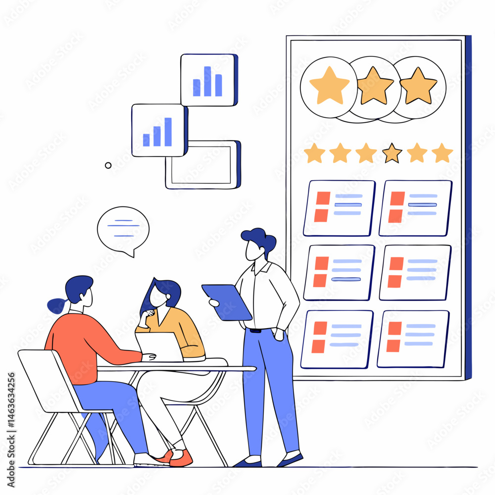 Poster business team analyzing data and reviews for customer satisfaction and performance