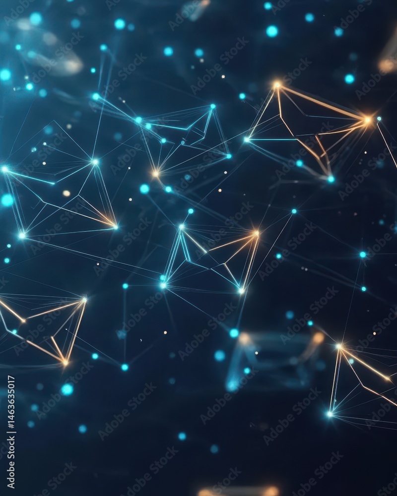 Poster abstract network with connected dots and lines glowing in blue and gold a futuristic design