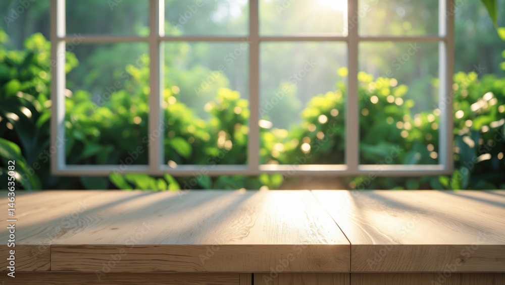 Poster garden backdrop seen through window with the top of a wooden counter table in sharp focus