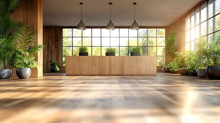 Fototapeta premium Light-filled space with wood panels, a counter, plants, & large windows showcasing vibrant greenery in bright sunlight