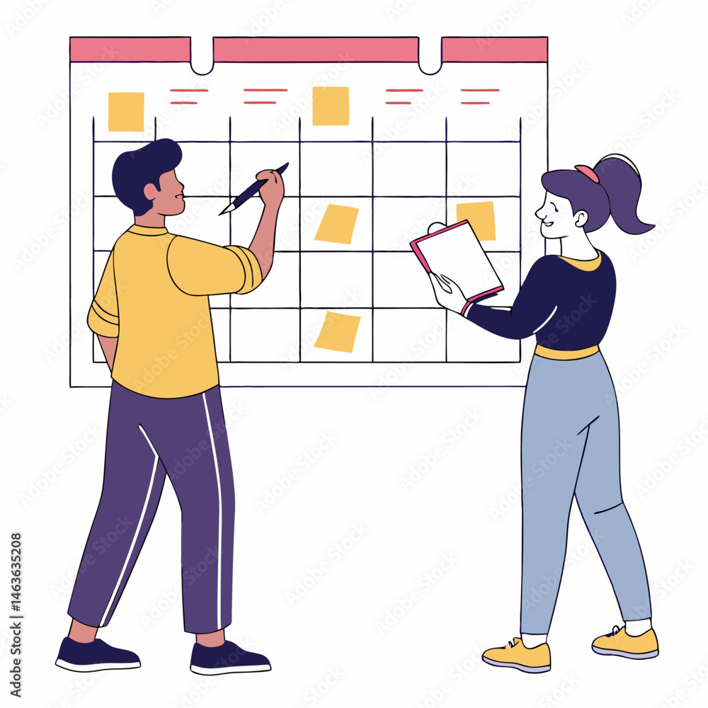 Poster two colleagues collaborating planning and scheduling using a large wall calendar together