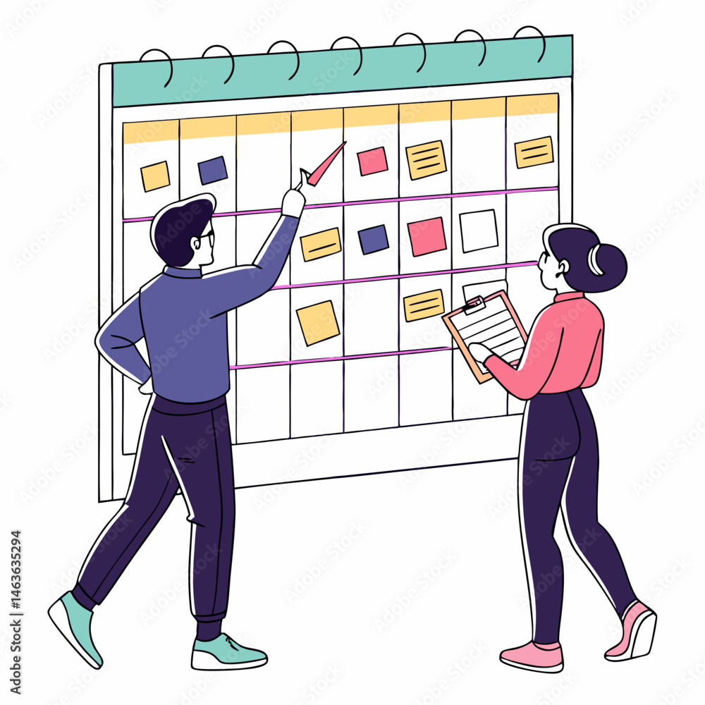 Aufkleber team planning and scheduling a meeting using a large calendar and notes