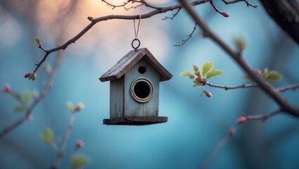 Spring backdrop showcasing a adorable birdhouse among tree branches