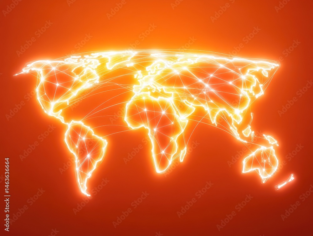 Poster glowing world map depicting global connections and networks.