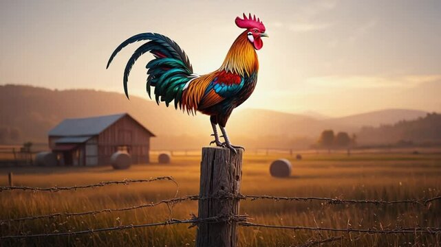 Colorful rooster standing on a wooden fence with sunrise behind, backlit golden glow, natural farm setting, early morning tone 