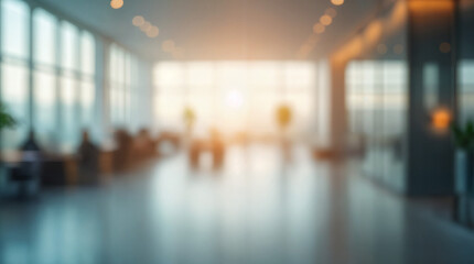 Blurred background of spacious minimalist coworking office featuring sleek white desks, black chairs, and abundant natural light, creating a productive and inspiring work environment.