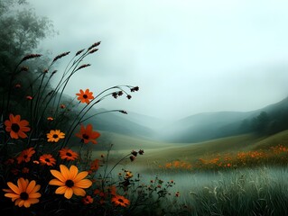 Pastoral scene of rolling hills and vibrant wildflowers