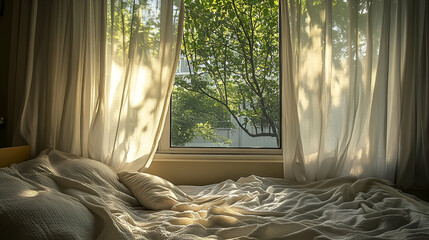 Sunlight Streaming Through Lace Curtains in a White Bedroom