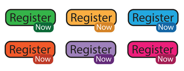 set of colorful register now buttons, modern labels for online signup