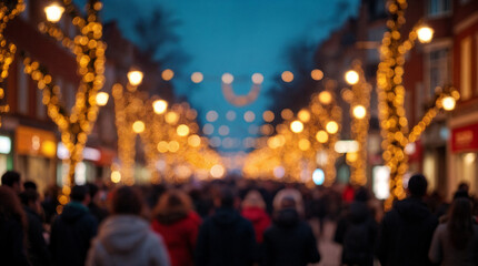 Naklejka premium Blurred background of a vibrant scene of a busy avenue adorned with festive lights during the holiday season. crowds gather, celebrating the joy and excitement of winter festivities.