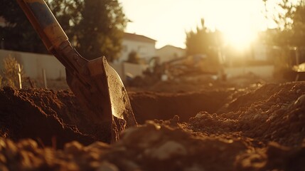 Obraz premium Shovel in Dirt at Construction Site During Sunset