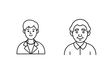 Simple line art illustrations of two smiling male characters on a plain white background
