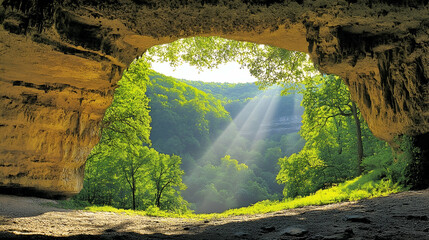 Sunlit Cave Opening with Lush Green Valley View