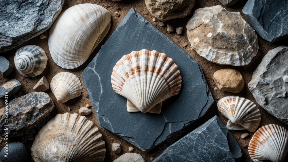 Poster ancient shell and volcanic lava texture on stone surface featuring fossil imprints and grunge elemen