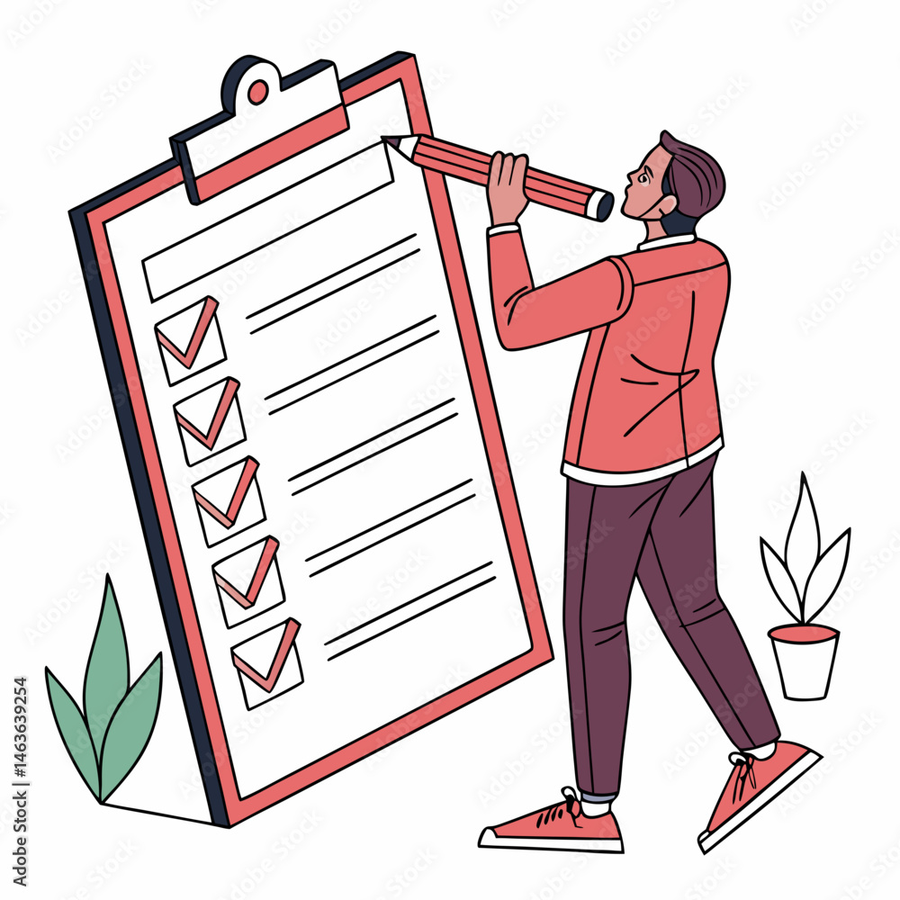 Poster man reviewing a checklist with a pencil while working on a project
