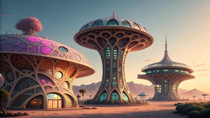 Alien architecture featuring futuristic and otherworldly designs, showcasing imaginative structures and surreal, cosmic elements, perfect for sci-fi art, concept design, and space visuals