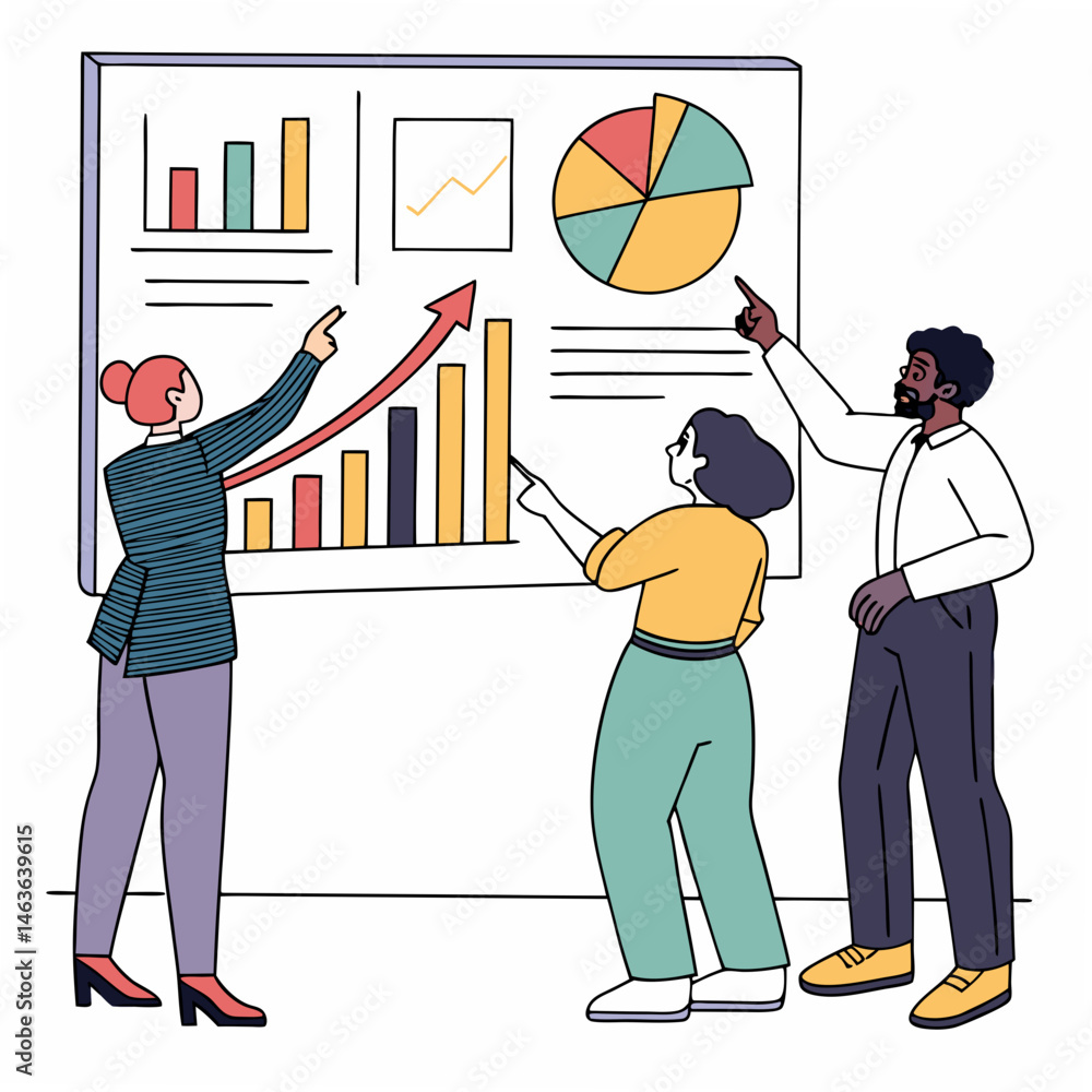 Poster diverse team analyzing presentation charts and graphs during business meeting discussion