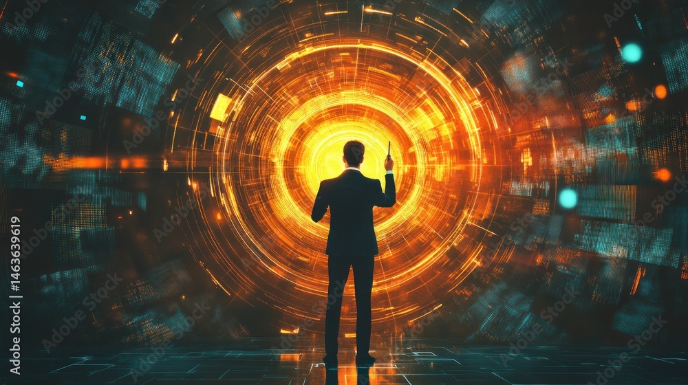 Poster a visionary leader controls advanced technology, standing before a complex digital portal representi