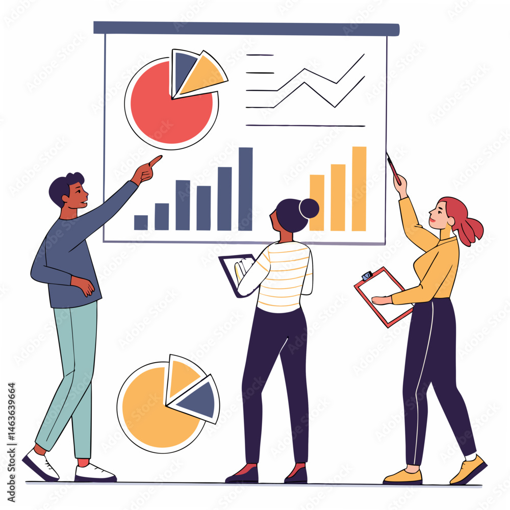 Poster business team presentation with graphs and charts illustrating data analysis