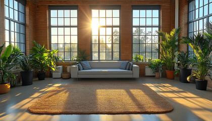 Sunlit Loft Apartment Interior with Green Plants and Brown Rug