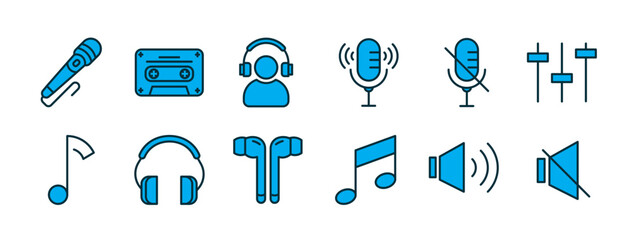 Audio line icons set with color Pixel-perfect, including sound, mute, volume, music, waves, mixer, stereo, mic, headphones, speaker, earphones, and more.isolated on a white background.