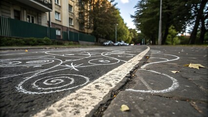 Asphalt texture with abstract chalk markings, creating a gritty, urban surface with unique markings, perfect for street art, grunge designs, and industrial visuals