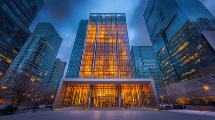 A contemporary high-rise building with a polished exterior and minimalist design, its towering presence exuding corporate ambition and achievement 