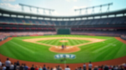 Obraz premium Blurred background of a vibrant panoramic view of a baseball stadium captured just before a game, showcasing the meticulously maintained field and eager fans in anticipation.