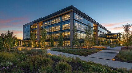 Obraz premium A contemporary office building complex surrounded by landscaped green spaces, the illuminated interiors casting a warm glow against the cool evening sky 