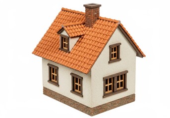 Miniature two-story house with a red tiled roof and brick chimney on a white background